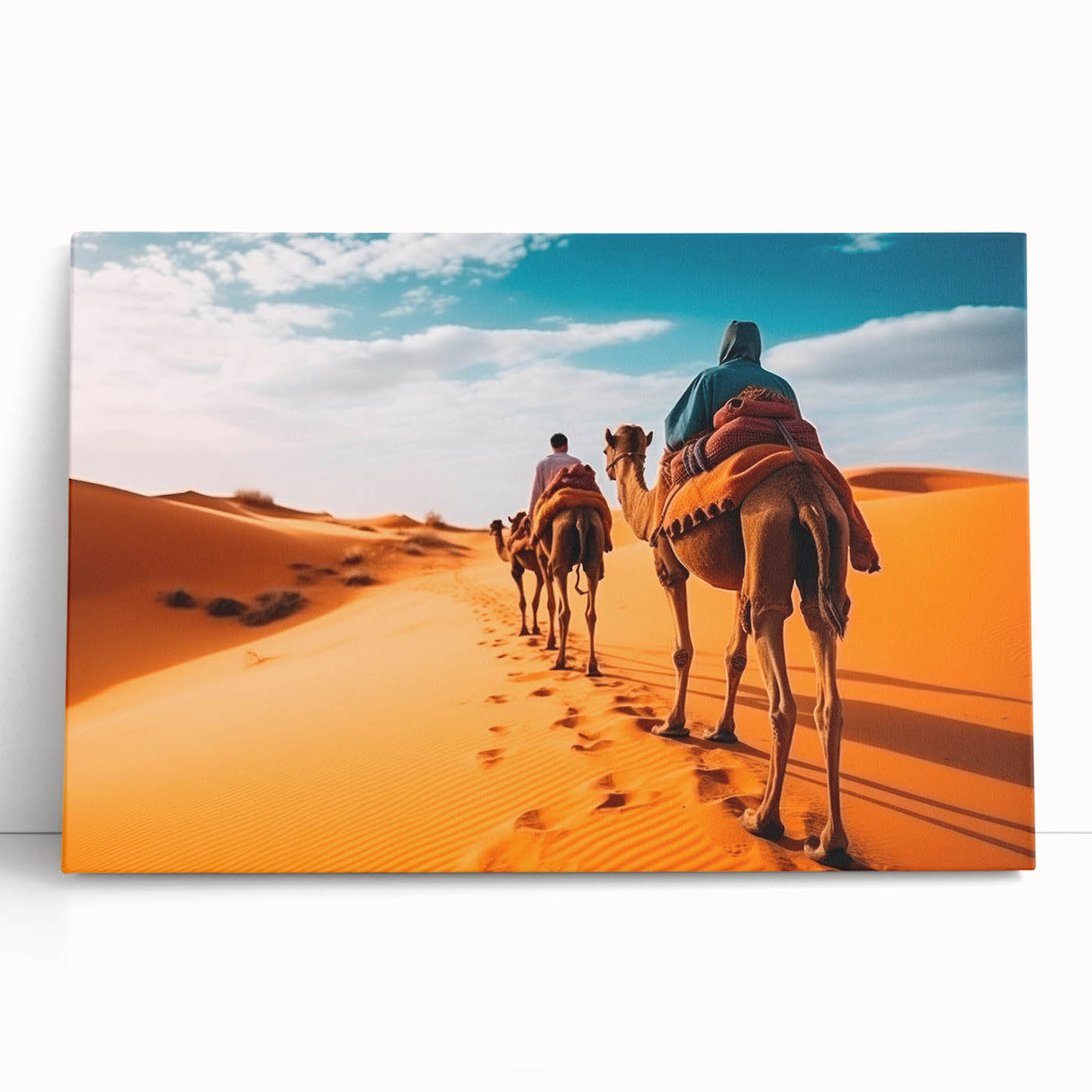 Stretched canvas wall art depicting a vibrant camel design in a desert landscape, showcasing warm earthy tones and intricate details, perfect for nature lovers.