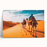 Stretched canvas wall art depicting a vibrant camel design in a desert landscape, showcasing warm earthy tones and intricate details, perfect for nature lovers.