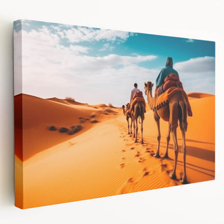 Stretched canvas wall art featuring a side view of a camel against a desert backdrop, showcasing intricate details in earthy tones, perfect for wildlife decor enthusiasts.