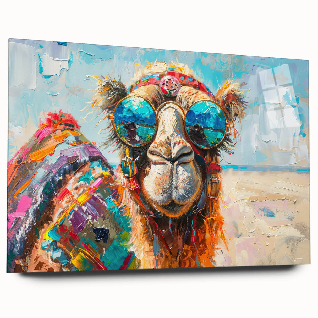 Side view of a sleek acrylic wall art piece showcasing a camel design from the 'Animals - A Wild Life' collection, featuring vibrant colors and modern aesthetic, perfect for enhancing home decor.
