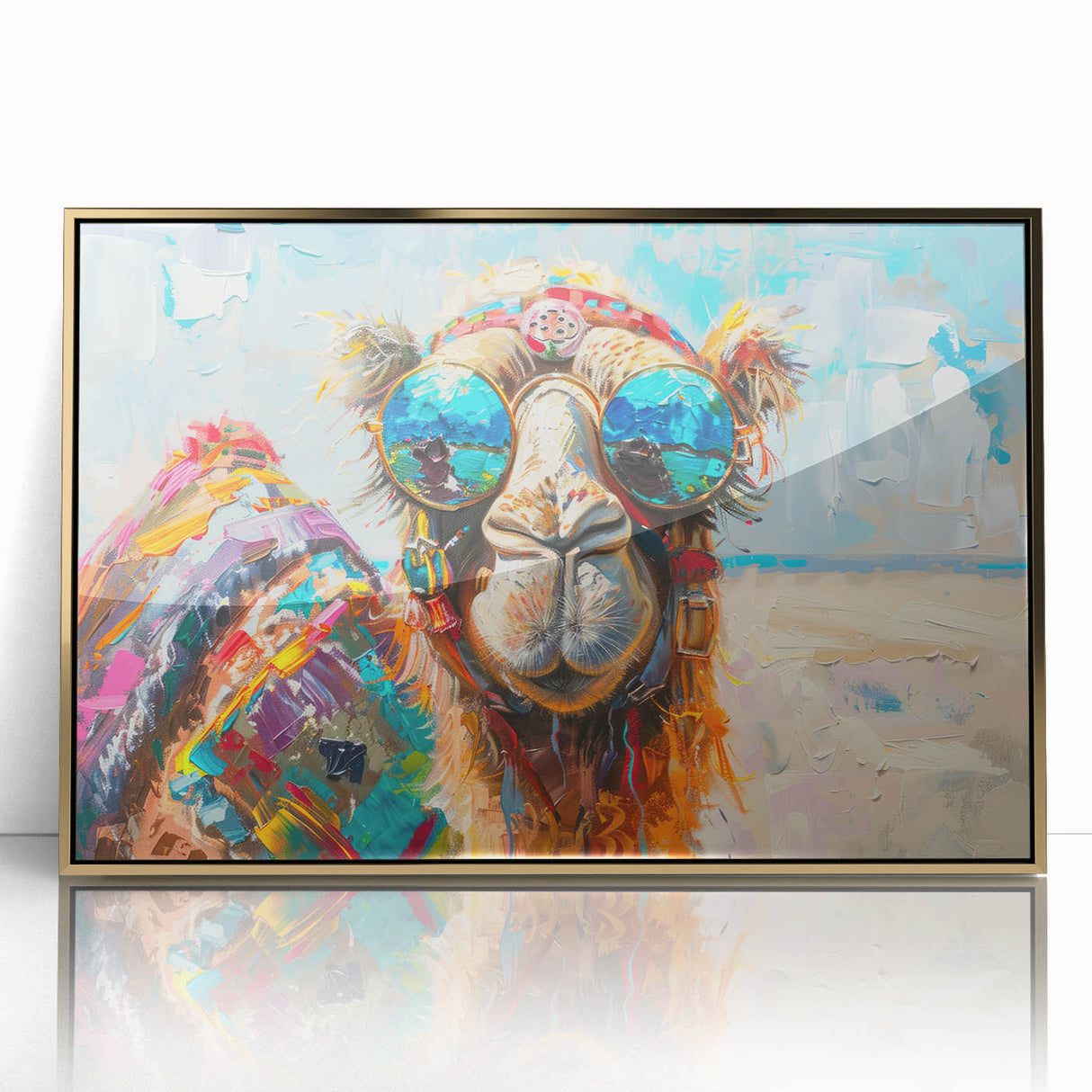 Framed acrylic wall art featuring a golden camel design in a front view, showcasing intricate details and vibrant colors, perfect for animal lovers and home decor.