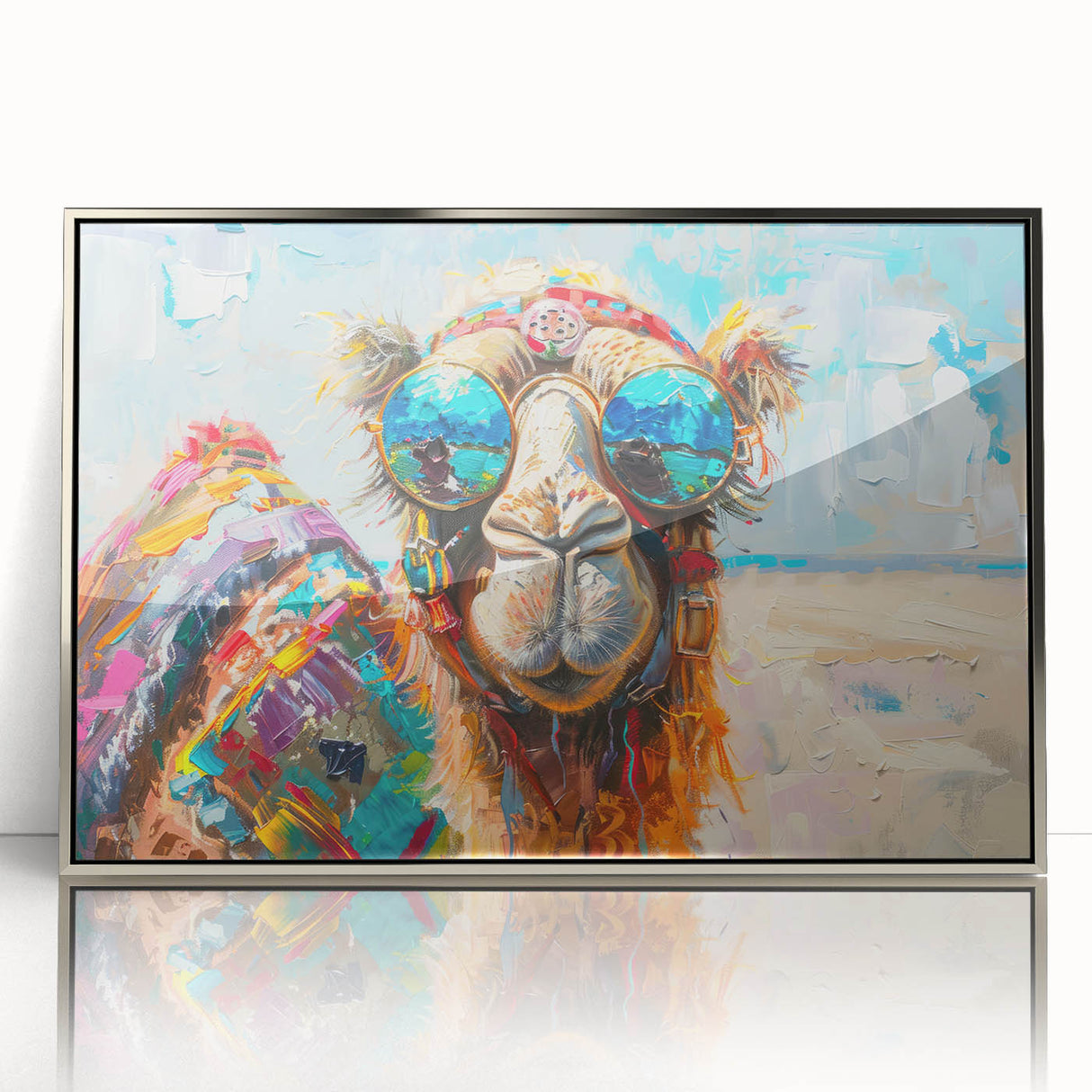 Framed wall art displaying a striking camel design from the "Animals A Wild Life" collection, featuring a silver-acrylic finish that enhances its visual appeal. The artwork captures the essence of wildlife and adds a touch of elegance to any space.