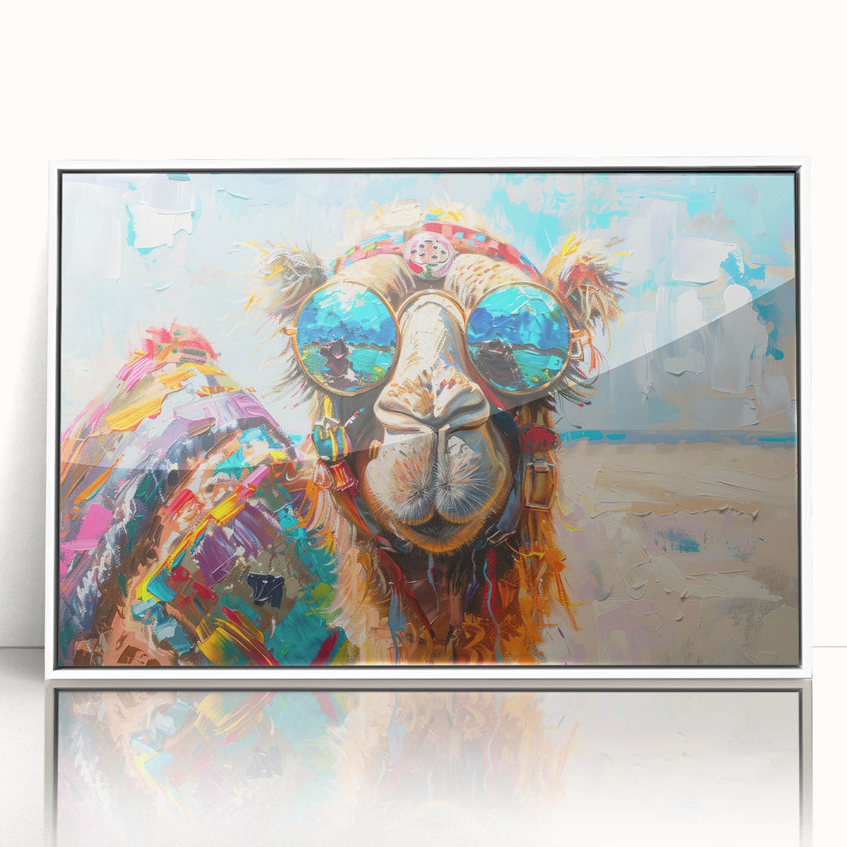Framed acrylic wall art featuring a stylish camel design from the "Animals A Wild Life" collection, set against a white background, perfect for modern decor.