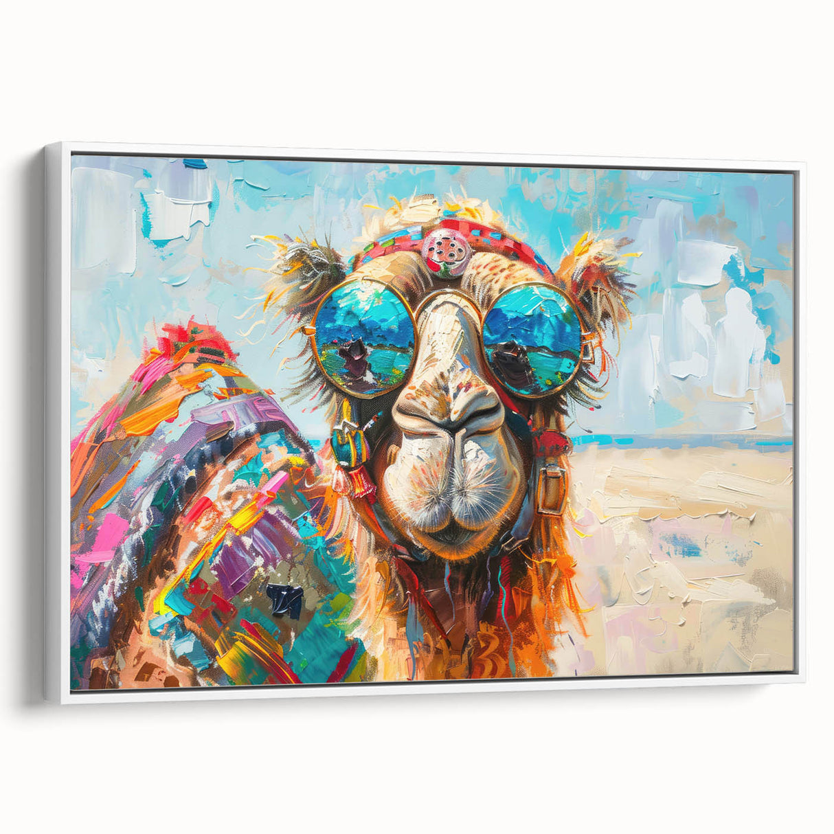 Framed canvas wall art showcasing a side view of a camel in a minimalist design, featuring earthy tones and a sleek white frame, ideal for home decor.