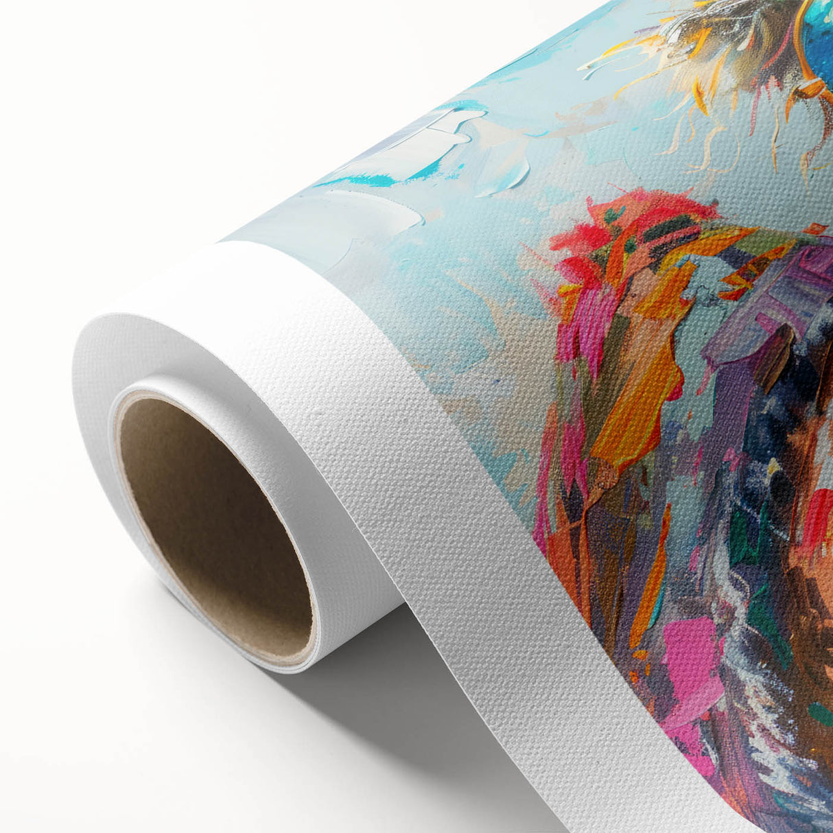 Rolled canvas print showcasing a vibrant camel design from the 'Animals of the Wild' collection, featuring intricate detailing and rich colors, ideal for enhancing modern decor.