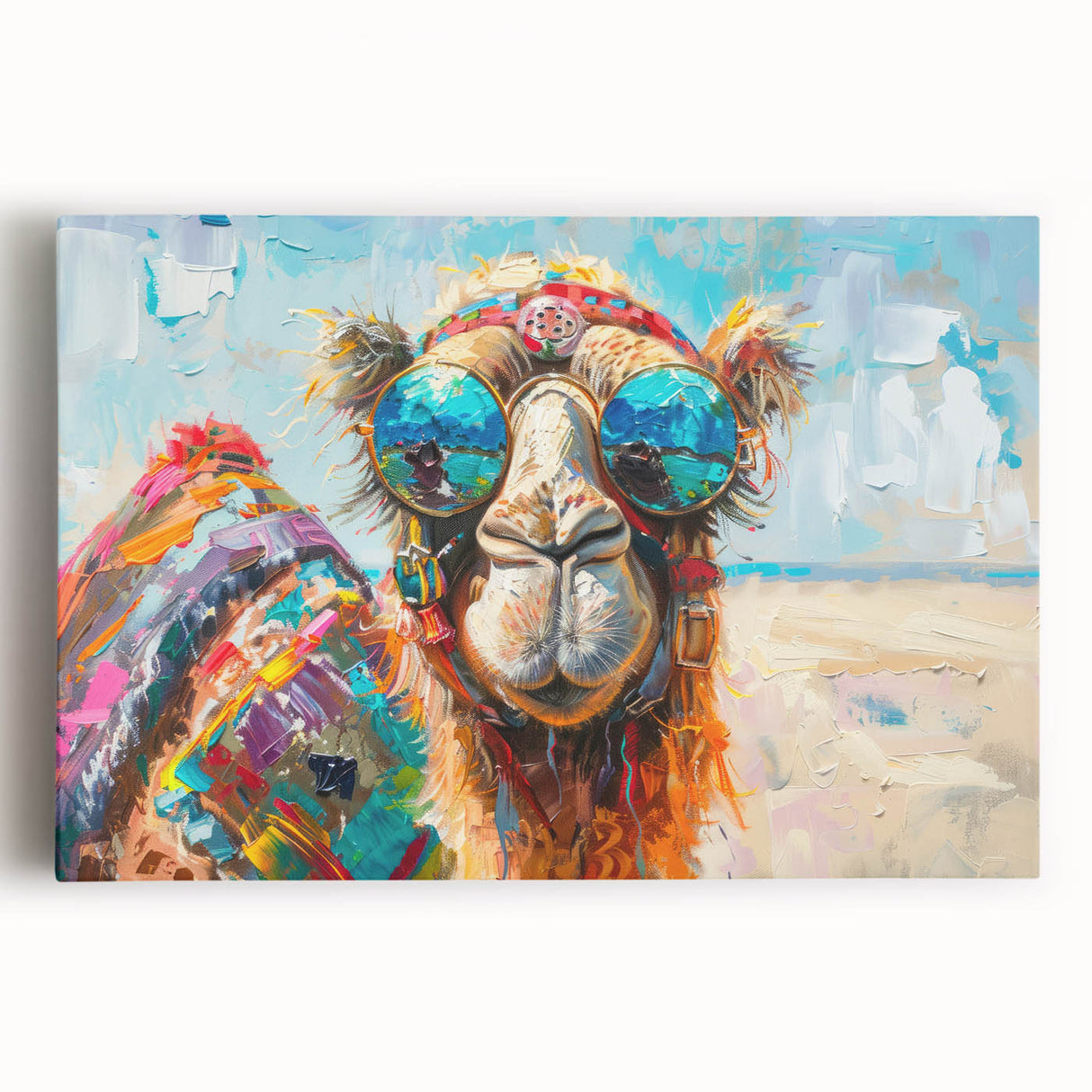 Stretched canvas wall art depicting a realistic front view of a camel in a desert setting, showcasing rich colors and intricate details for wildlife enthusiasts.