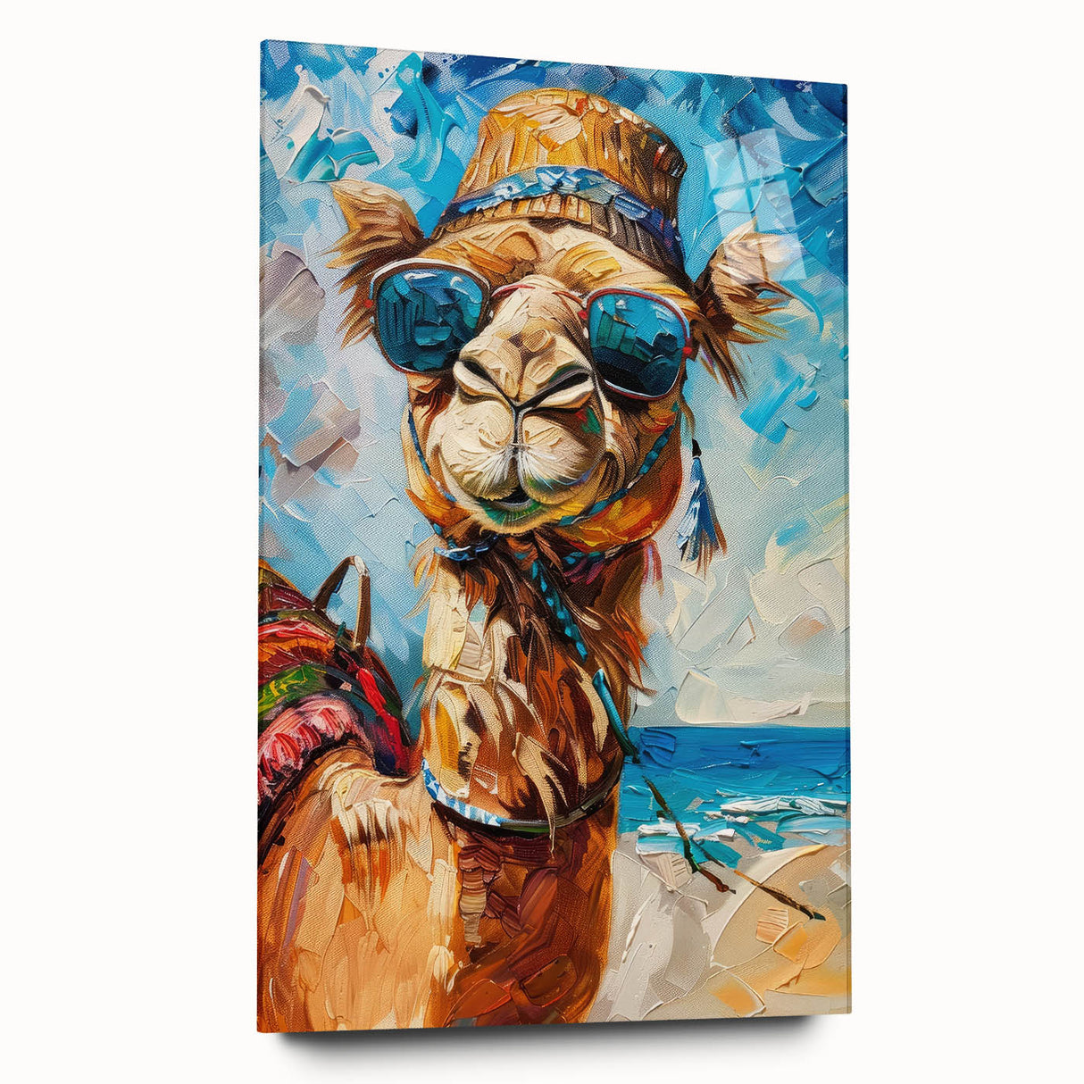 Side view of a modern camel design wall art piece made from acrylic glass, showcasing intricate details and vibrant colors, perfect for animal lovers and home decor enthusiasts.