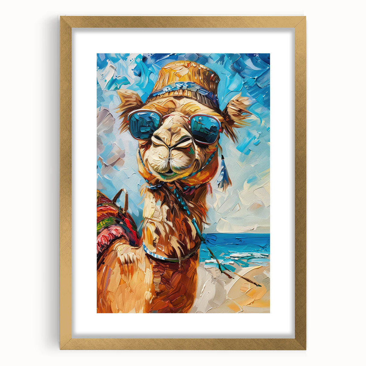 Framed wall art featuring a golden camel design against a textured background, ideal for animal-themed decor, adding elegance to any space.