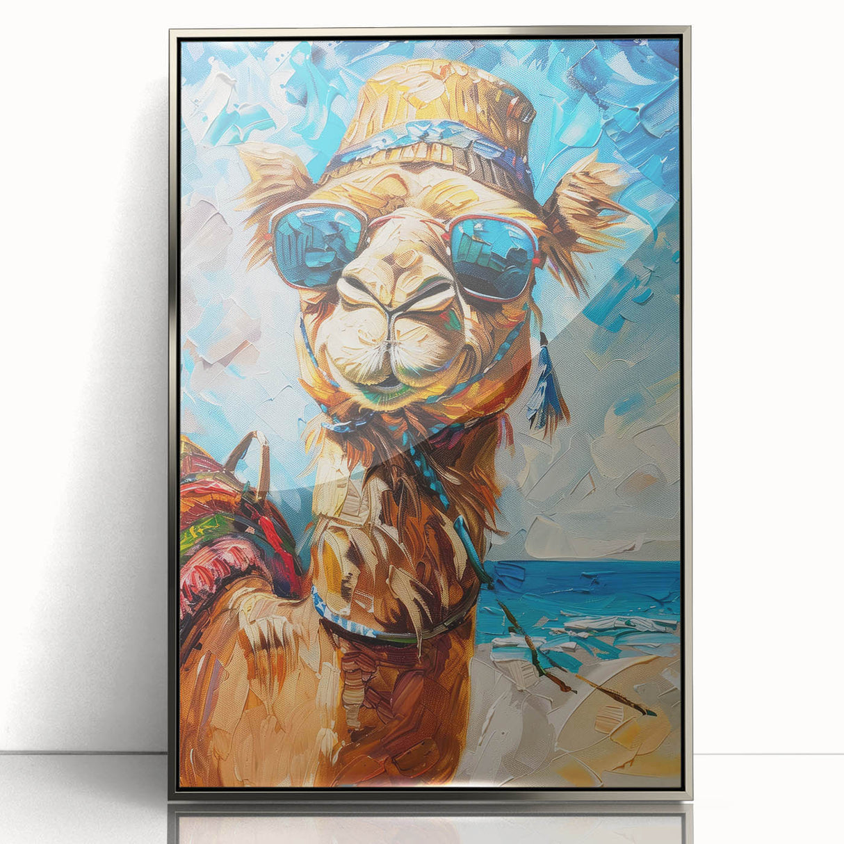 Framed acrylic wall art showcasing a detailed silver camel design, capturing the essence of wildlife decor with a sleek modern finish, perfect for any space.