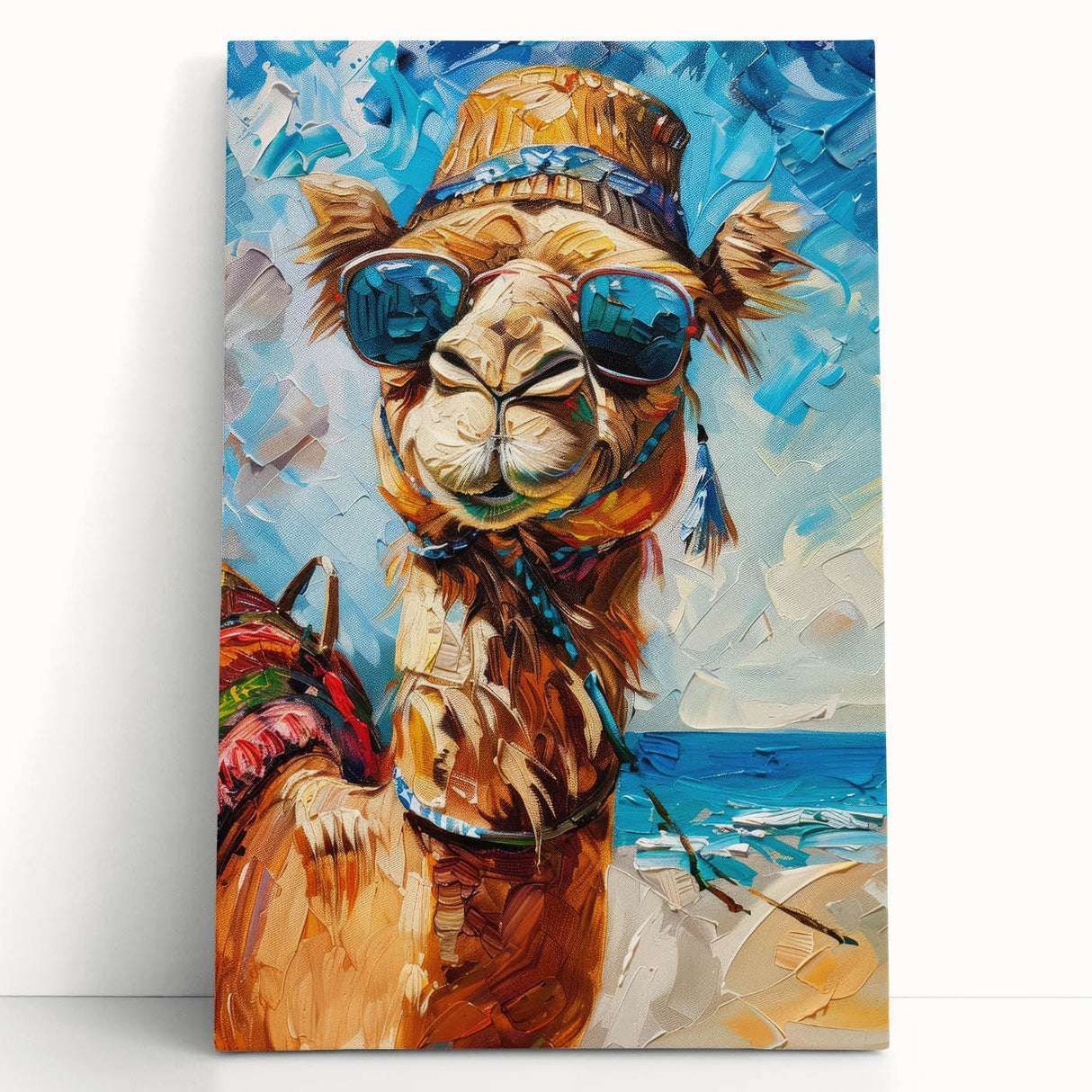 Stretched canvas artwork showcasing a stylized camel design in earthy tones, ideal for adding a touch of wildlife decor to modern interiors.