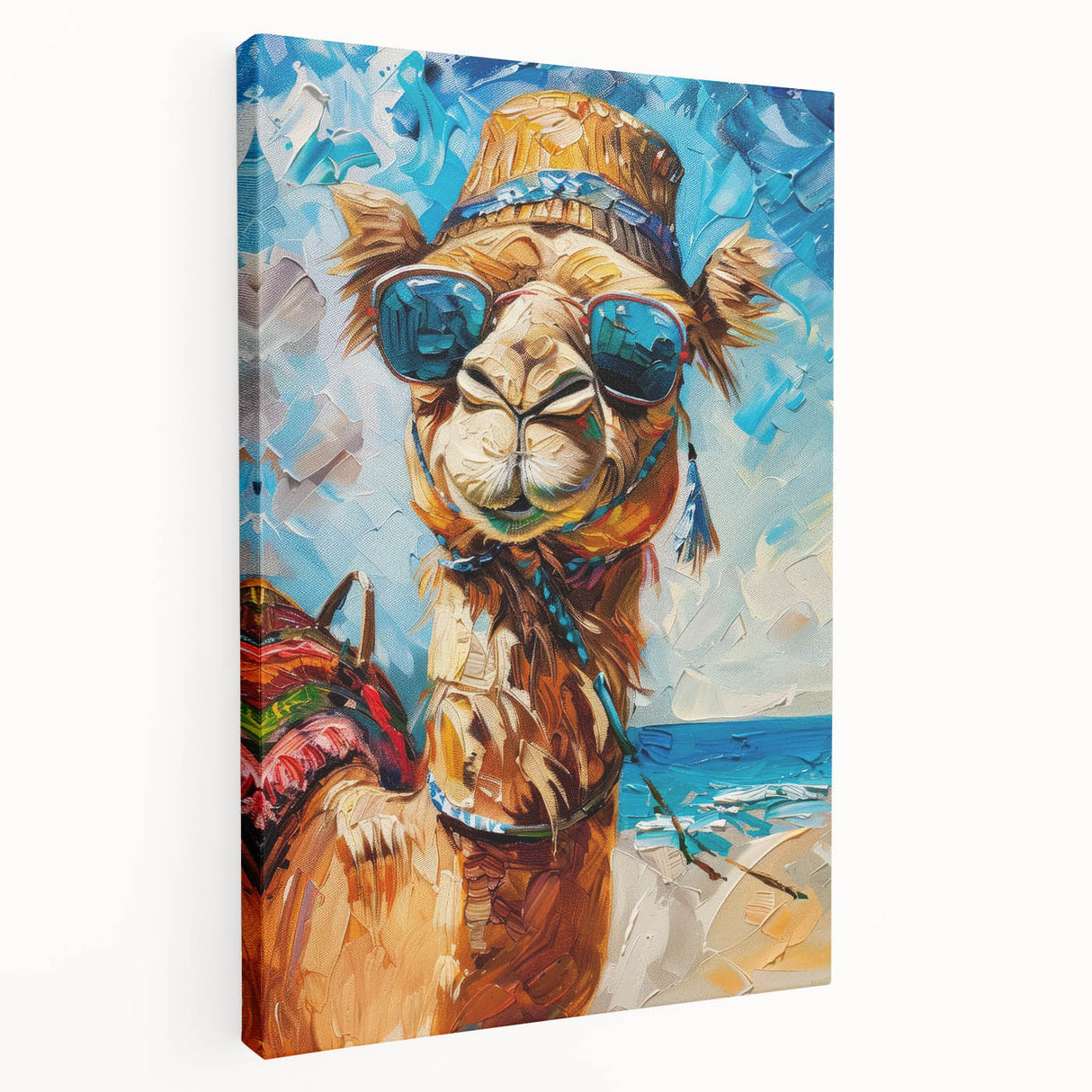 Stretched canvas wall art showcasing a side view of a majestic camel in a desert landscape, featuring warm earthy tones and intricate detailing, perfect for animal lovers.