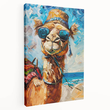 Stretched canvas wall art showcasing a side view of a majestic camel in a desert landscape, featuring warm earthy tones and intricate detailing, perfect for animal lovers.