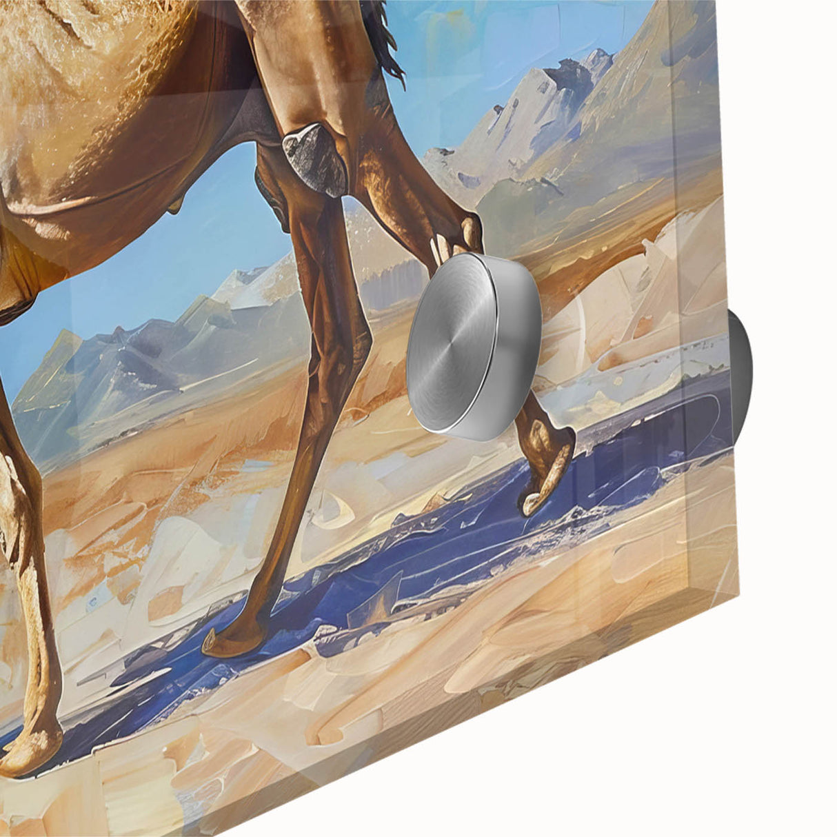 Close-up of a vibrant acrylic wall art piece featuring a detailed camel design, showcasing intricate textures and colors, ideal for wildlife enthusiasts and home decor.