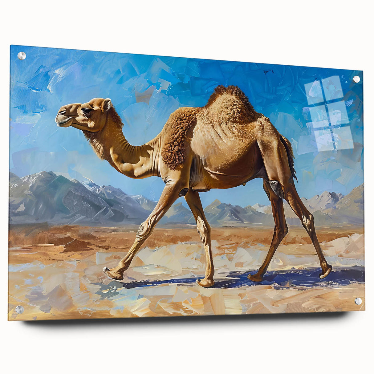 Elegant acrylic wall art featuring a side view of a camel design from the 'Animals of the Wild' collection, showcasing intricate details and vibrant colors, ideal for enhancing modern decor. Perfect for animal lovers and art enthusiasts, this piece adds a unique touch to any living space.