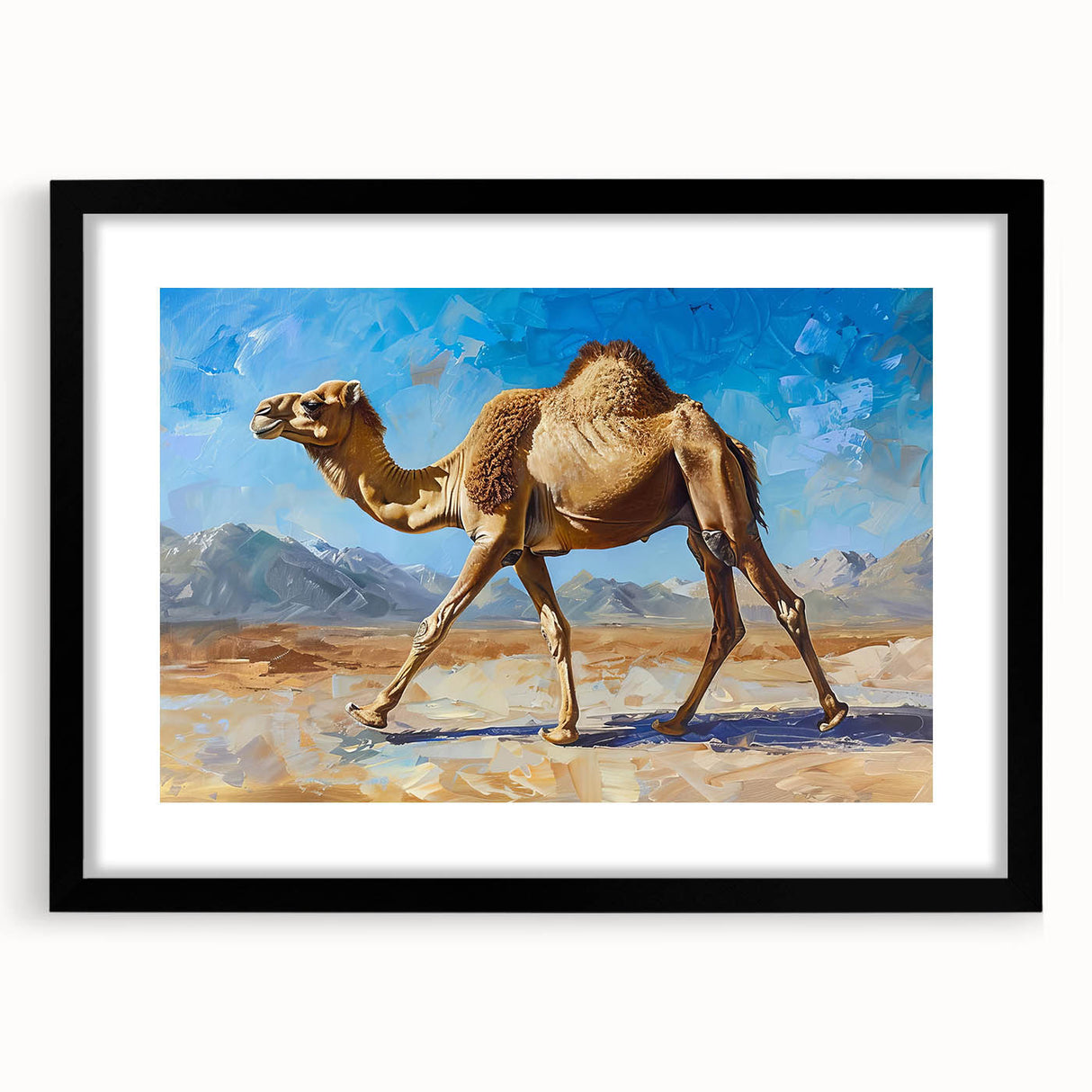 Framed wall art showcasing a striking camel design from the "Animals of the Wild" collection, featuring a sleek black frame and mat, ideal for modern decor.