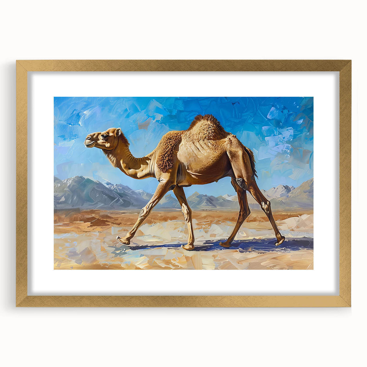 Gold-framed wall art featuring a camel design, part of a wildlife collection, displayed with a mat to enhance its elegance, perfect for home decor.