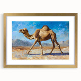 Gold-framed wall art featuring a camel design, part of a wildlife collection, displayed with a mat to enhance its elegance, perfect for home decor.