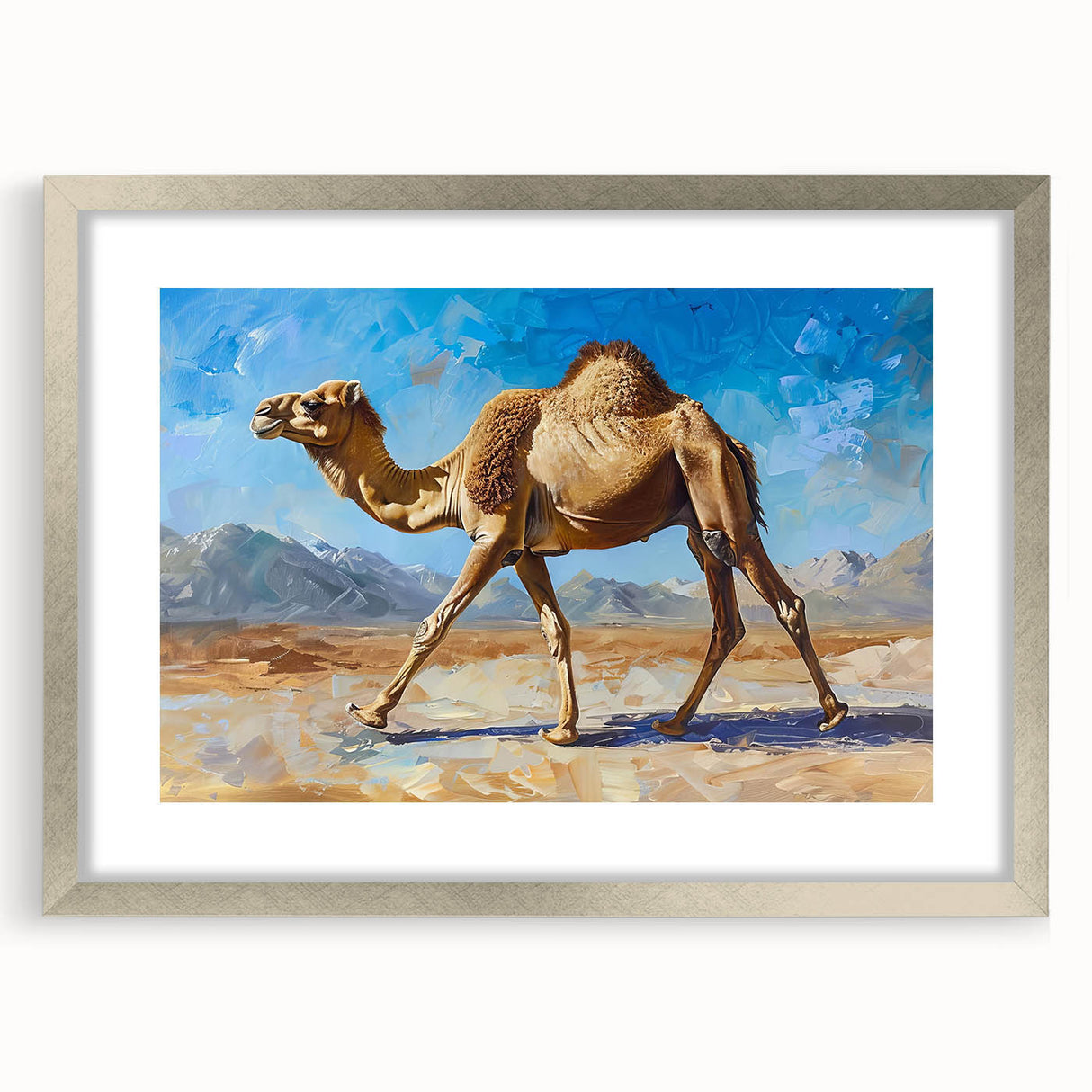 Framed wall art featuring a stylish camel design in a silver frame with a mat, perfect for adding a touch of wildlife elegance to home decor.