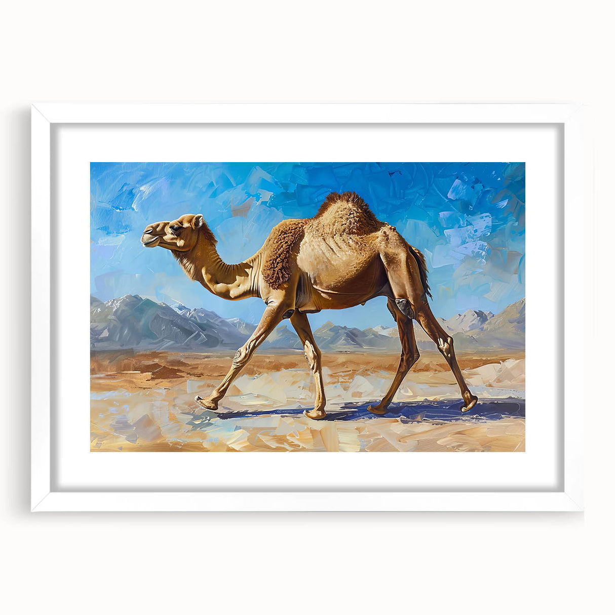 Framed wall art featuring a stylized camel design from the "Animals - A Wild Life" collection, presented in a sleek white frame with a mat, ideal for modern decor.