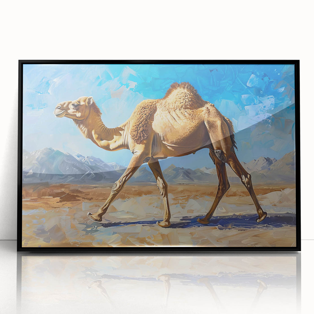 Framed acrylic wall art featuring a striking camel design in bold colors, set against a sleek black frame, perfect for enhancing modern home decor with a touch of wildlife elegance.