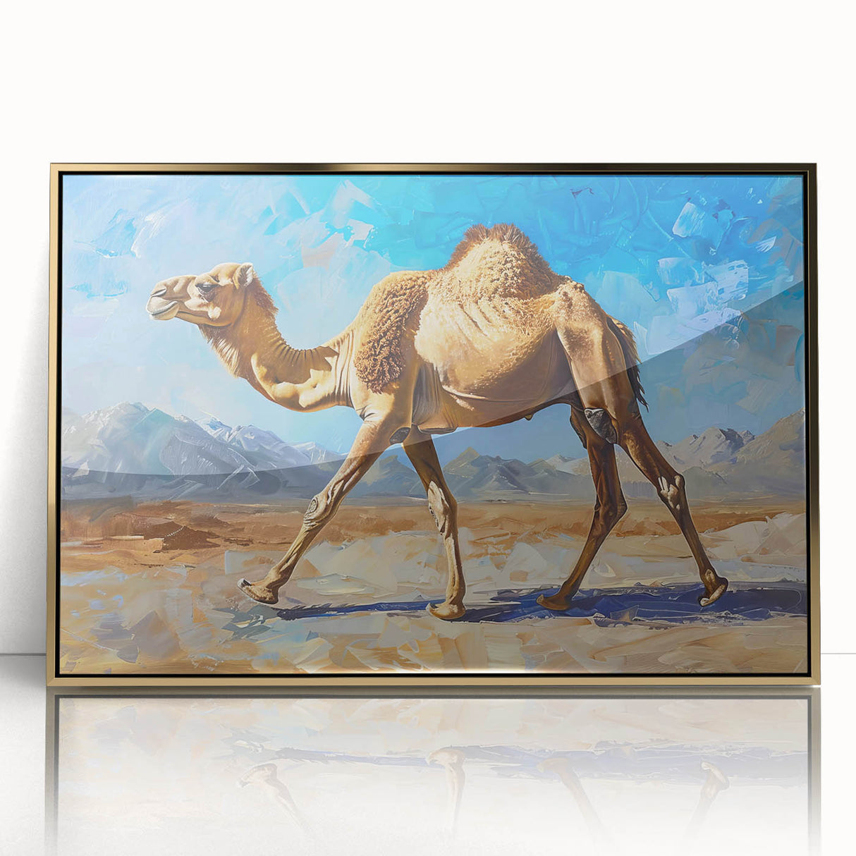Framed wall art featuring a striking gold-accented design of a majestic camel in a desert setting, perfect for modern home décor and animal-themed interiors.