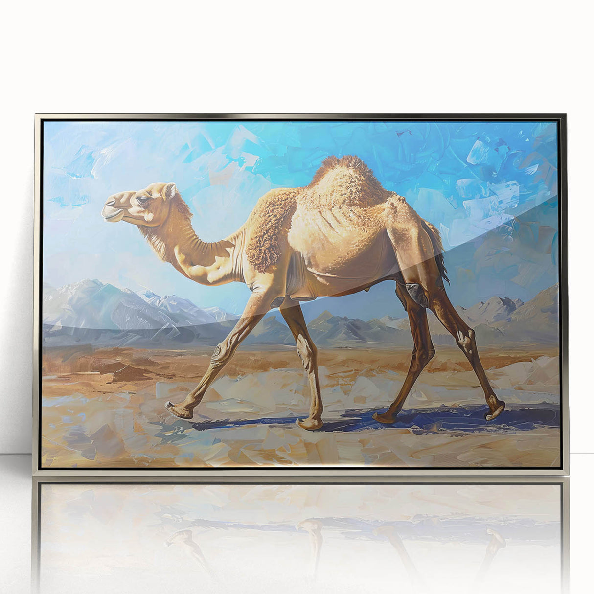 Framed wall art featuring a sleek silver-accented design of a majestic camel, showcasing intricate details against a minimalist background, ideal for modern decor.