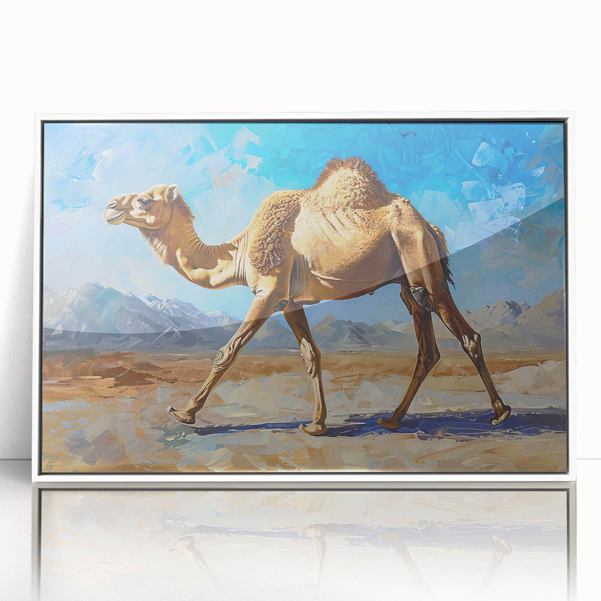 Framed wall art featuring a striking camel design from the "Animals of the Wild" collection, set against a white background, showcasing vibrant colors and intricate details, ideal for animal lovers and modern decor.