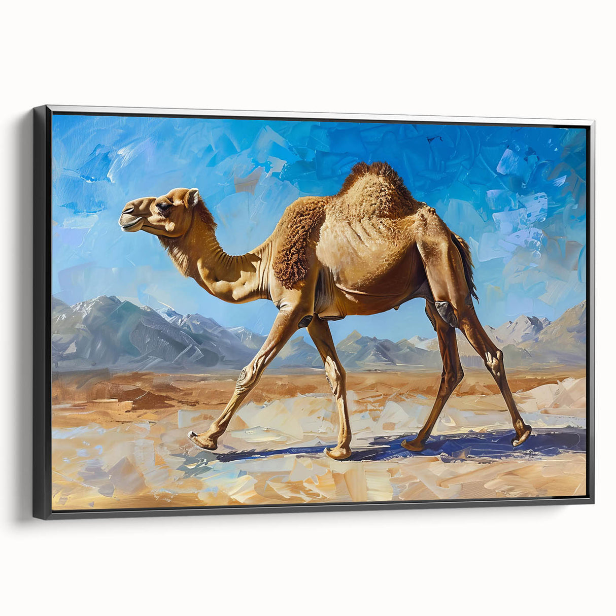 Framed wall art featuring a stylish black camel design in a side view, perfect for adding a modern touch to home decor. Ideal for animal lovers and desert-themed interiors.