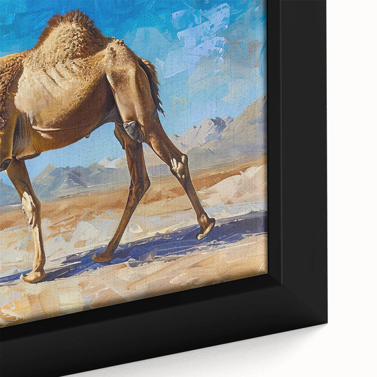 Close-up of a framed canvas wall art depicting a detailed camel design, showcasing earthy tones and intricate textures, perfect for wildlife decor enthusiasts.