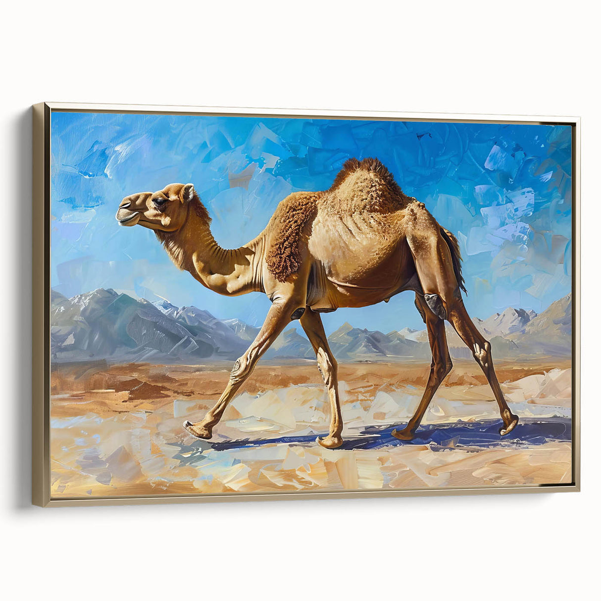 Framed wall art depicting a side view of a majestic camel, showcasing intricate details and a gold border, ideal for adding elegance to any home decor.