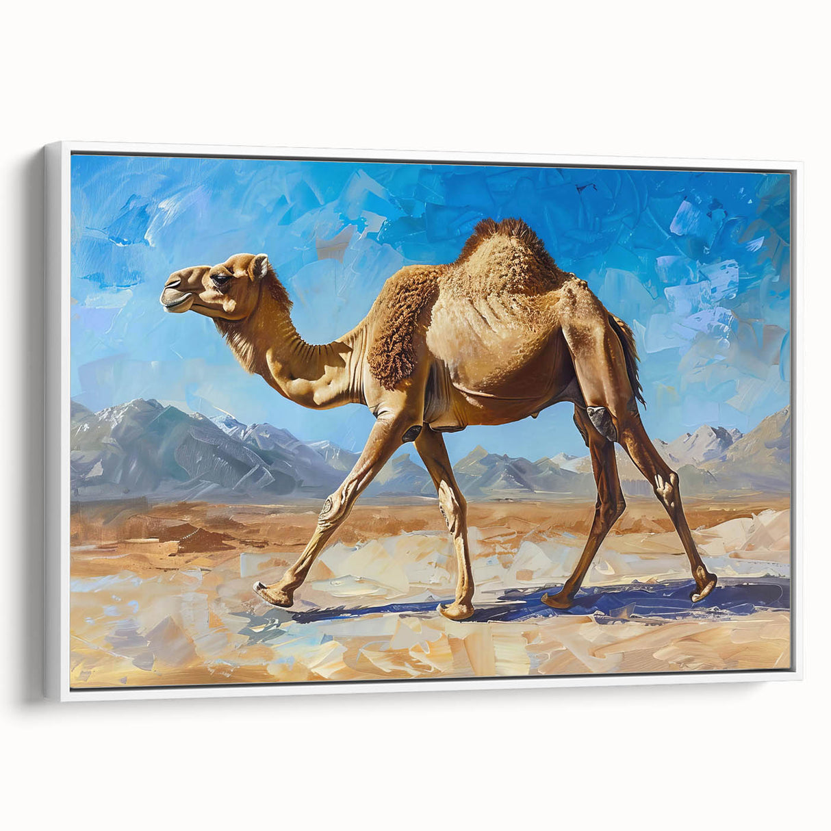 Framed wall art canvas featuring a side view of a camel design, showcasing intricate details and a neutral color palette, perfect for animal-themed decor.