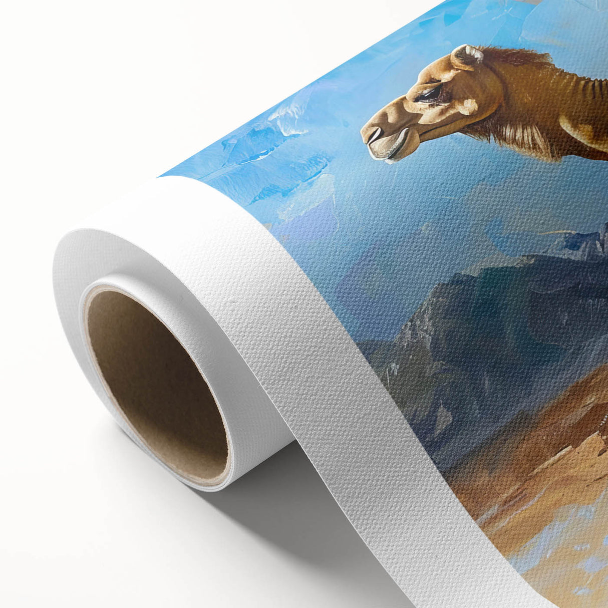 Rolled canvas wall art showcasing a striking camel design, featuring vibrant colors and intricate details, perfect for enhancing any wildlife-themed decor.