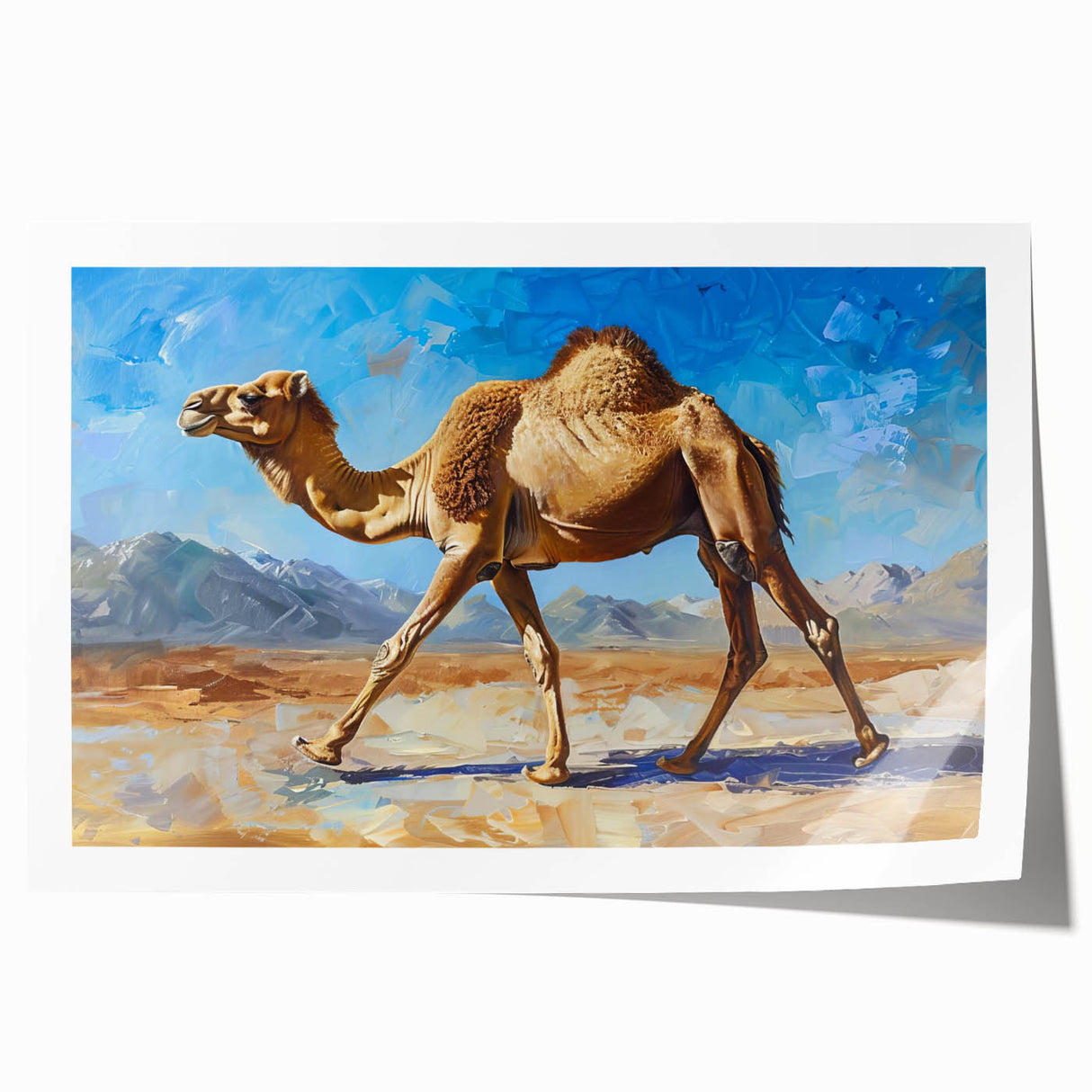 Camel-themed wall art design featuring a vibrant desert landscape in warm tones, showcasing intricate details and textures, perfect for enhancing home decor.