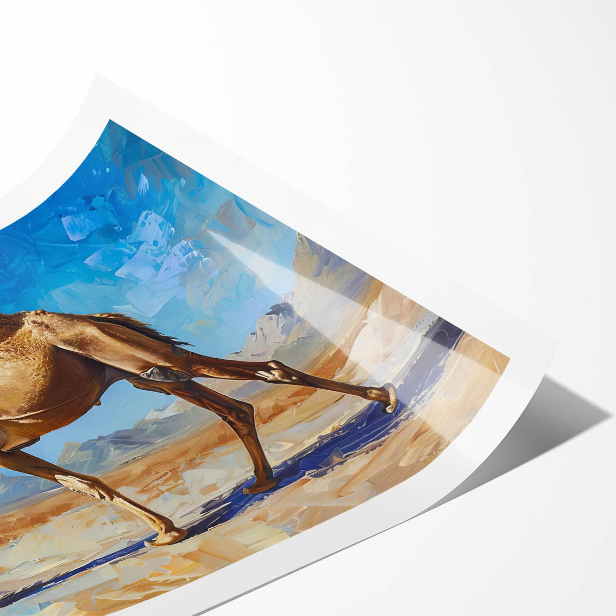 Camel design wall art print showcasing vibrant desert colors and intricate patterns, rolled for easy shipping and display, perfect for animal-themed decor.