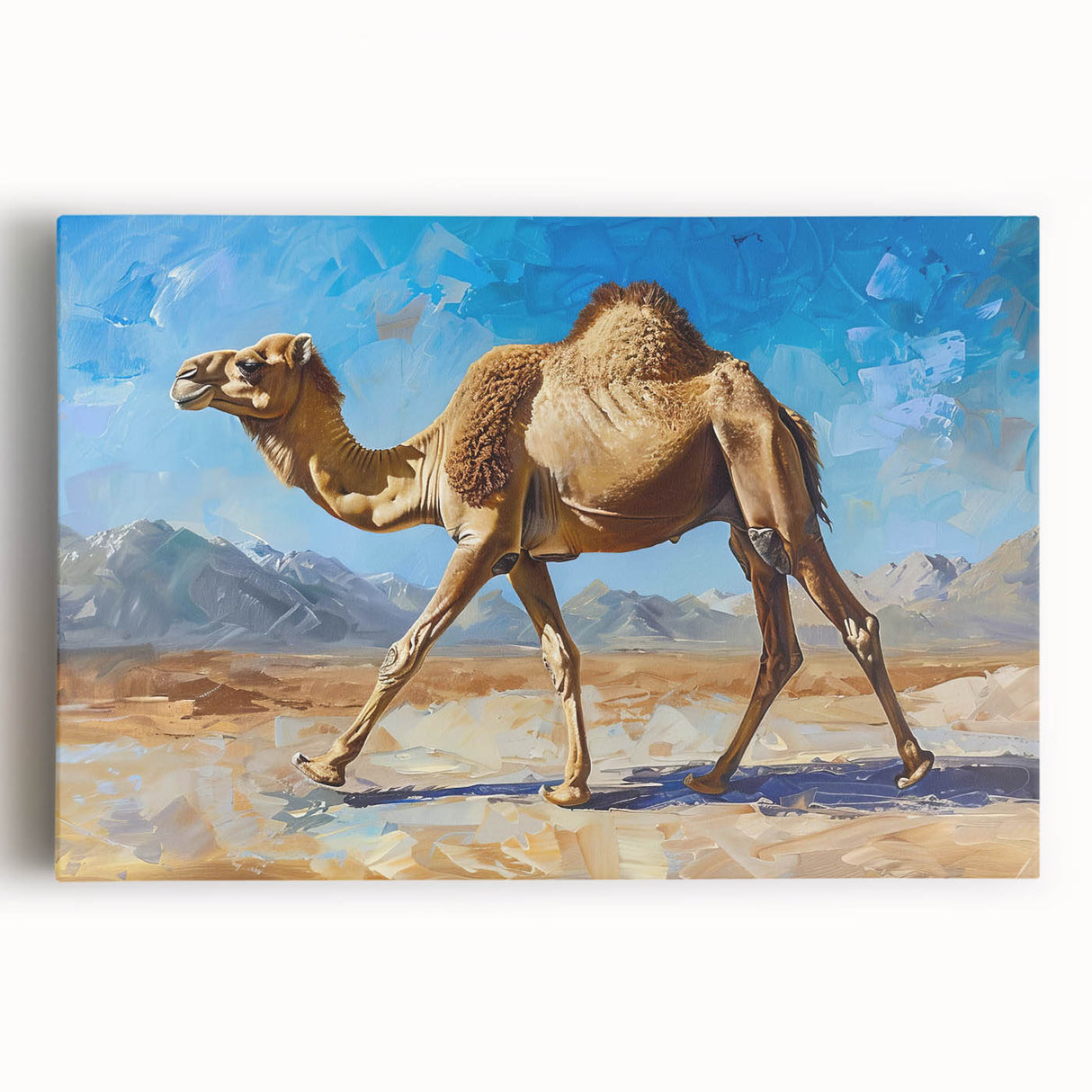 Stretched canvas wall art depicting a majestic camel in a desert landscape, showcasing warm earthy tones and intricate detailing, perfect for wildlife enthusiasts.