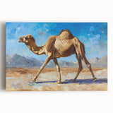 Stretched canvas wall art depicting a majestic camel in a desert landscape, showcasing warm earthy tones and intricate detailing, perfect for wildlife enthusiasts.