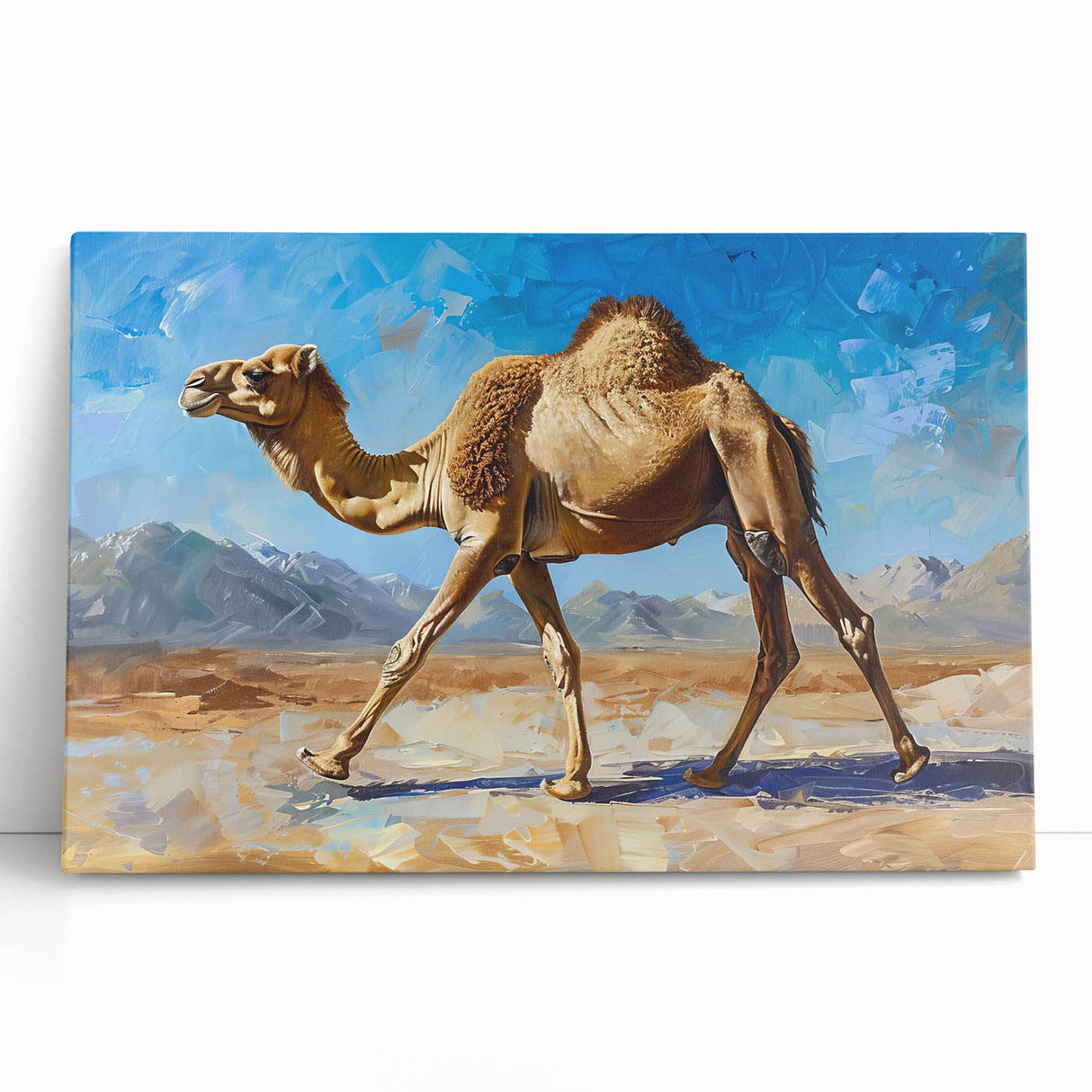 Stretched canvas wall art featuring a majestic camel design in earthy tones, perfect for adding a unique touch to wildlife-themed decor or safari-inspired interiors.