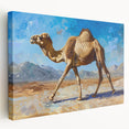 Stretched canvas wall art featuring a side view of a stylish camel design, showcasing earthy tones and intricate details, perfect for animal-themed decor.