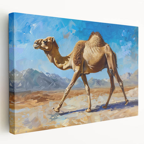 Stretched canvas wall art featuring a side view of a stylish camel design, showcasing earthy tones and intricate details, perfect for animal-themed decor.