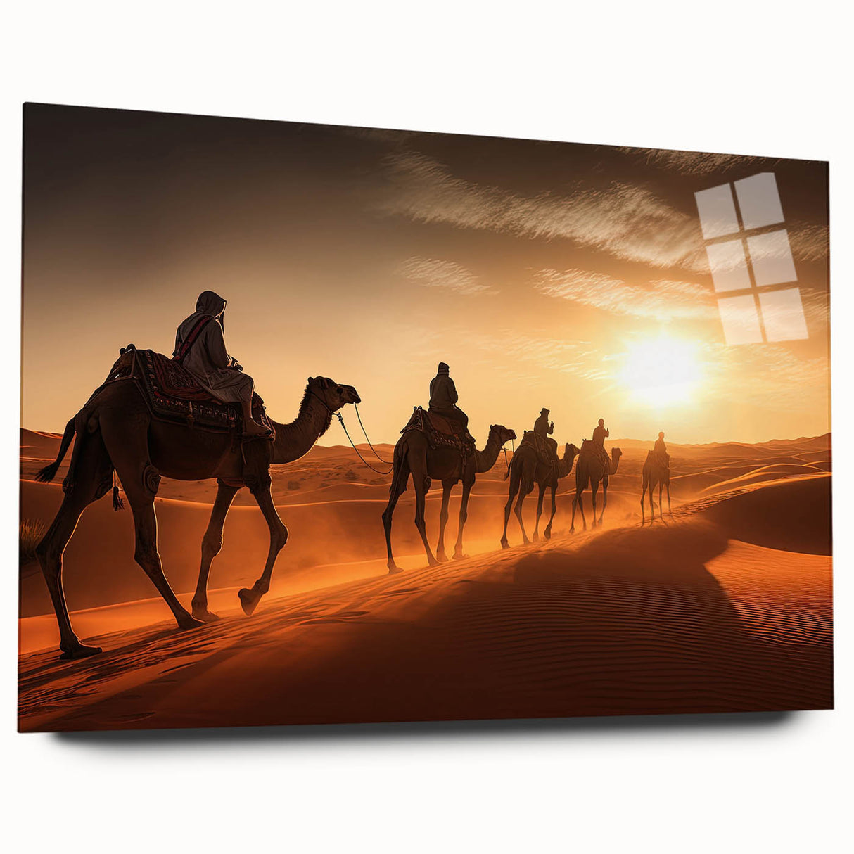 Side view of a modern acrylic glass wall art piece showcasing a stylized camel design, perfect for enhancing home decor with a touch of wildlife elegance. The artwork features vibrant colors and intricate details, ideal for animal lovers and art collectors.