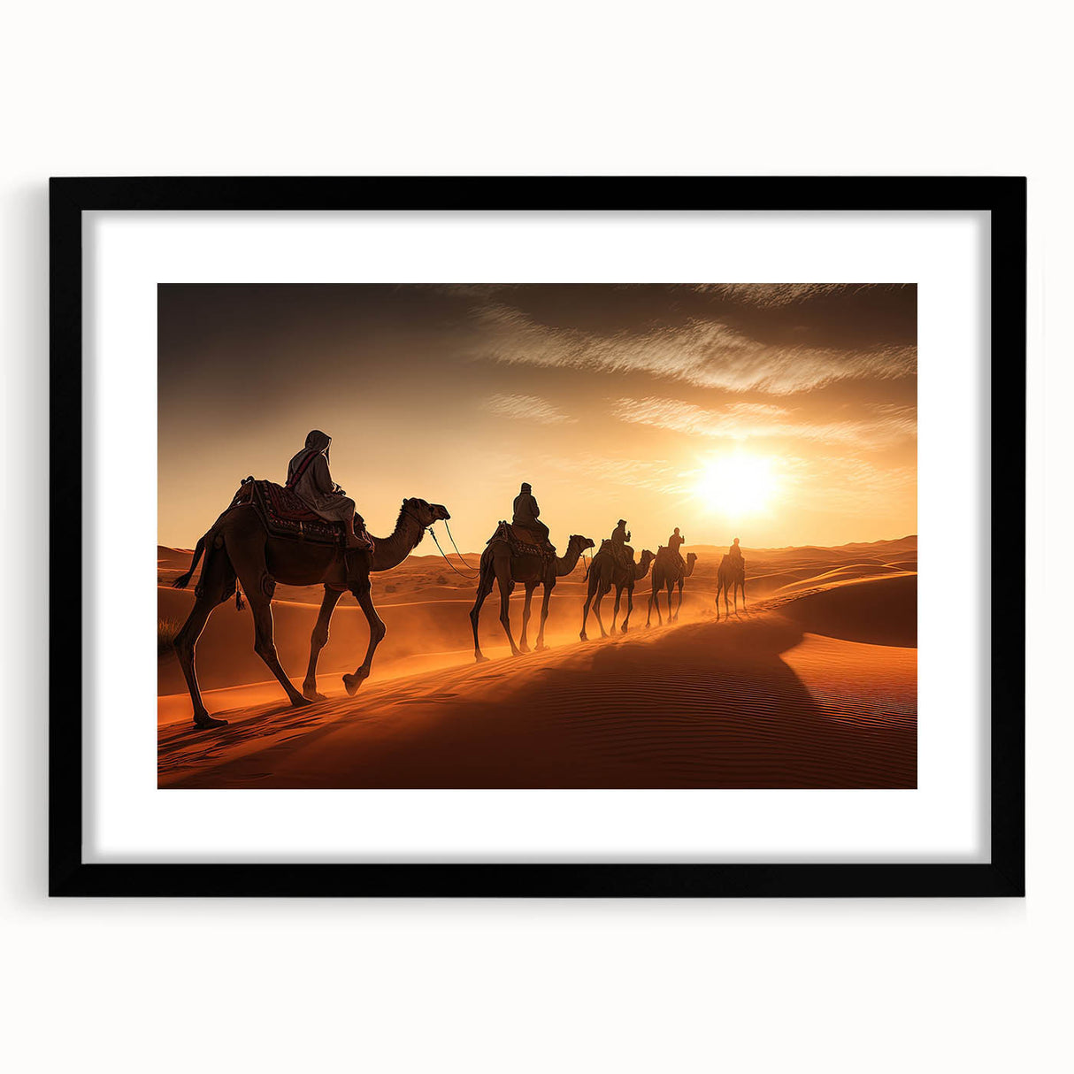 Camel wall art design featuring a detailed illustration in a sleek black frame with matting, suitable for home decor or wildlife-themed interiors.