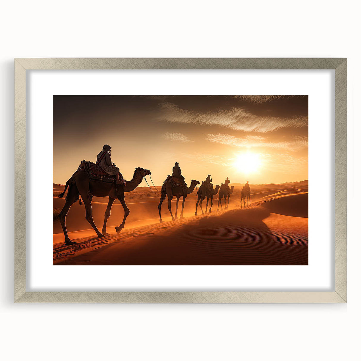 Silver-framed wall art collection featuring a detailed camel design, perfect for animal lovers and home decor enthusiasts. The mat enhances the artwork's elegance, making it a standout decorative piece.