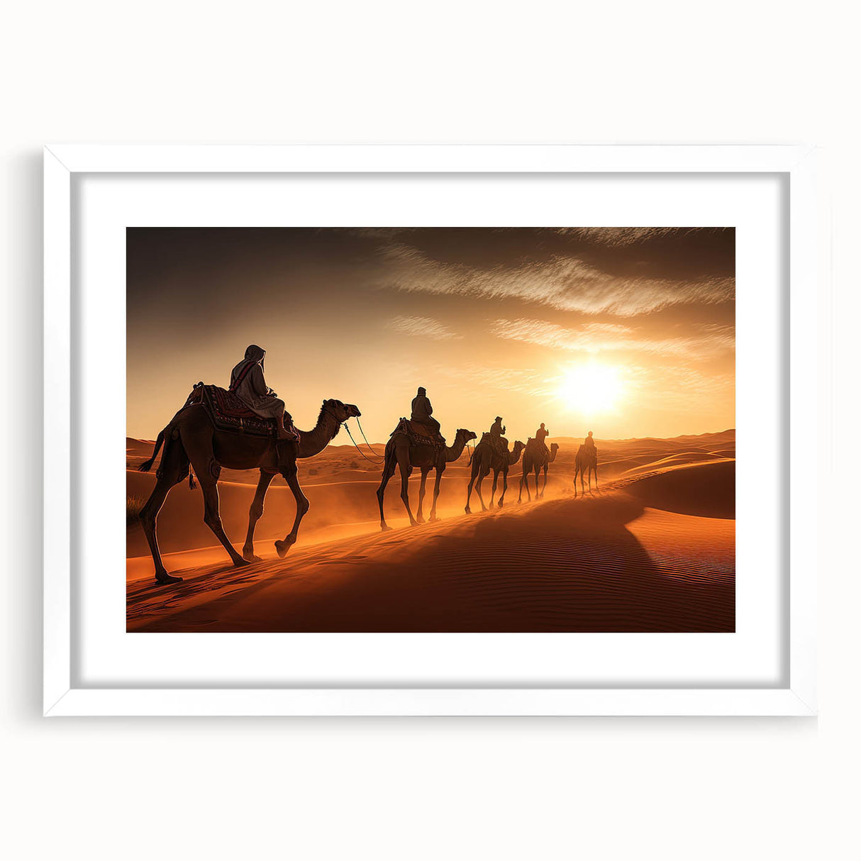 Front view of a framed wall art collection featuring a stylized camel design in a minimalist white frame with a mat, ideal for animal lovers and modern decor enthusiasts.