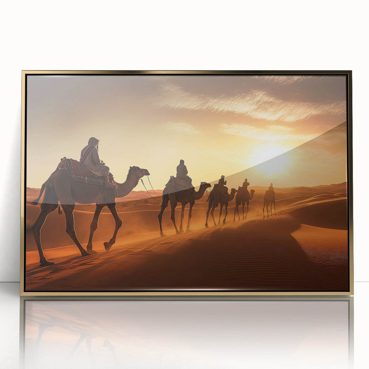 Framed wall art featuring a majestic camel design in gold accents, showcasing intricate details and vibrant colors, perfect for enhancing any living space.