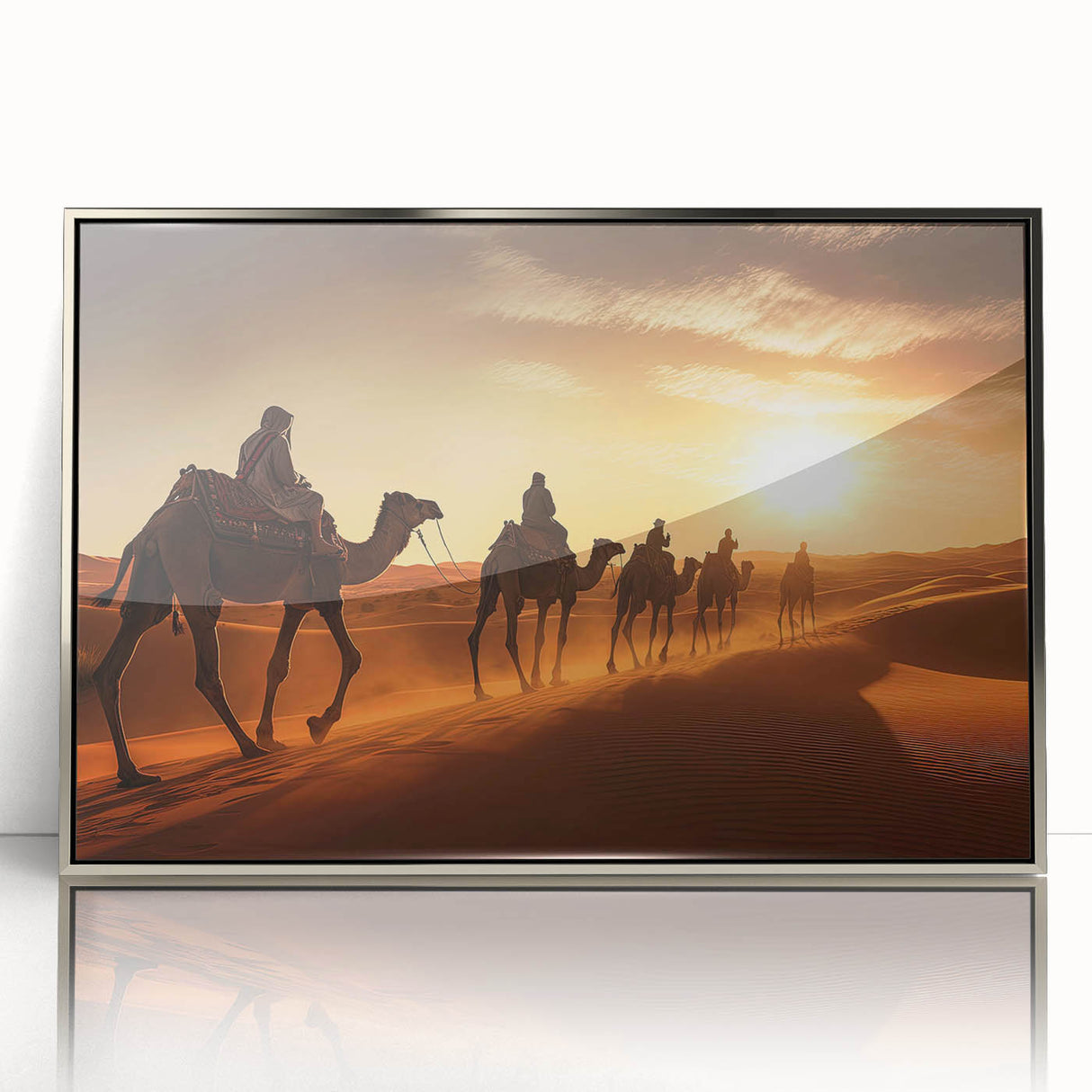 Framed acrylic wall art featuring a striking silver-colored camel design set against a minimalist background, perfect for modern home decor and wildlife enthusiasts.