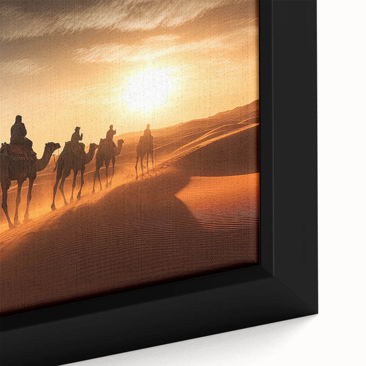 Close-up of a framed canvas wall art featuring a detailed design of a camel, showcasing intricate textures and warm earth tones, perfect for wildlife decor enthusiasts.