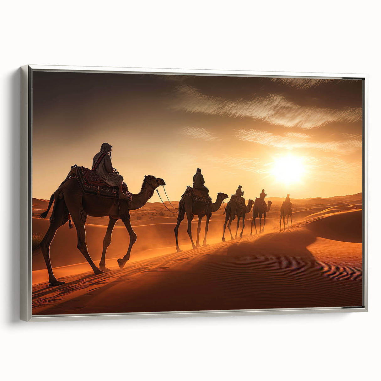 Framed wall art featuring a silver side view of a camel, showcasing intricate details and textures against a neutral background, perfect for animal lovers and desert-themed decor.