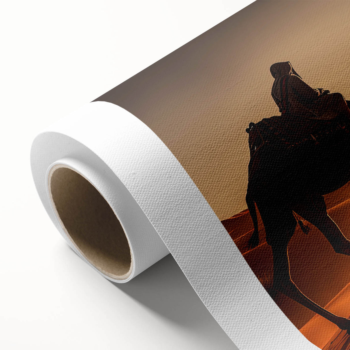 Rolled canvas artwork showcasing a vibrant camel design, part of a wildlife collection, featuring intricate patterns and earthy tones, ideal for home decor.