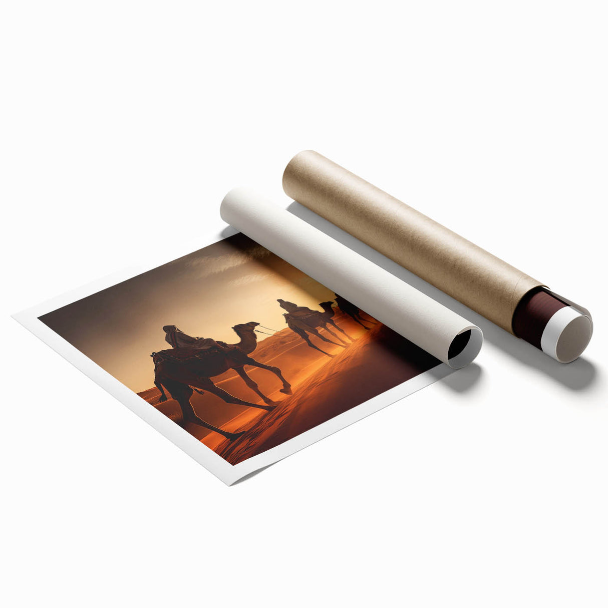 Camel design wall art print showcasing vibrant desert colors and intricate patterns, rolled and ready for display, ideal for wildlife enthusiasts and home decor.