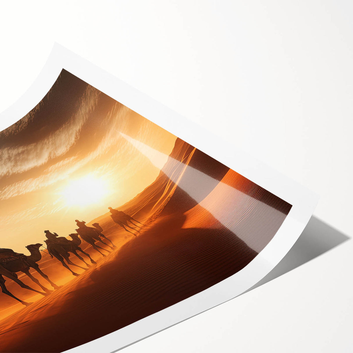 Camel wall art print featuring a vibrant desert scene, showcasing rich colors and intricate details of wildlife in a rolled format, ideal for home decor.